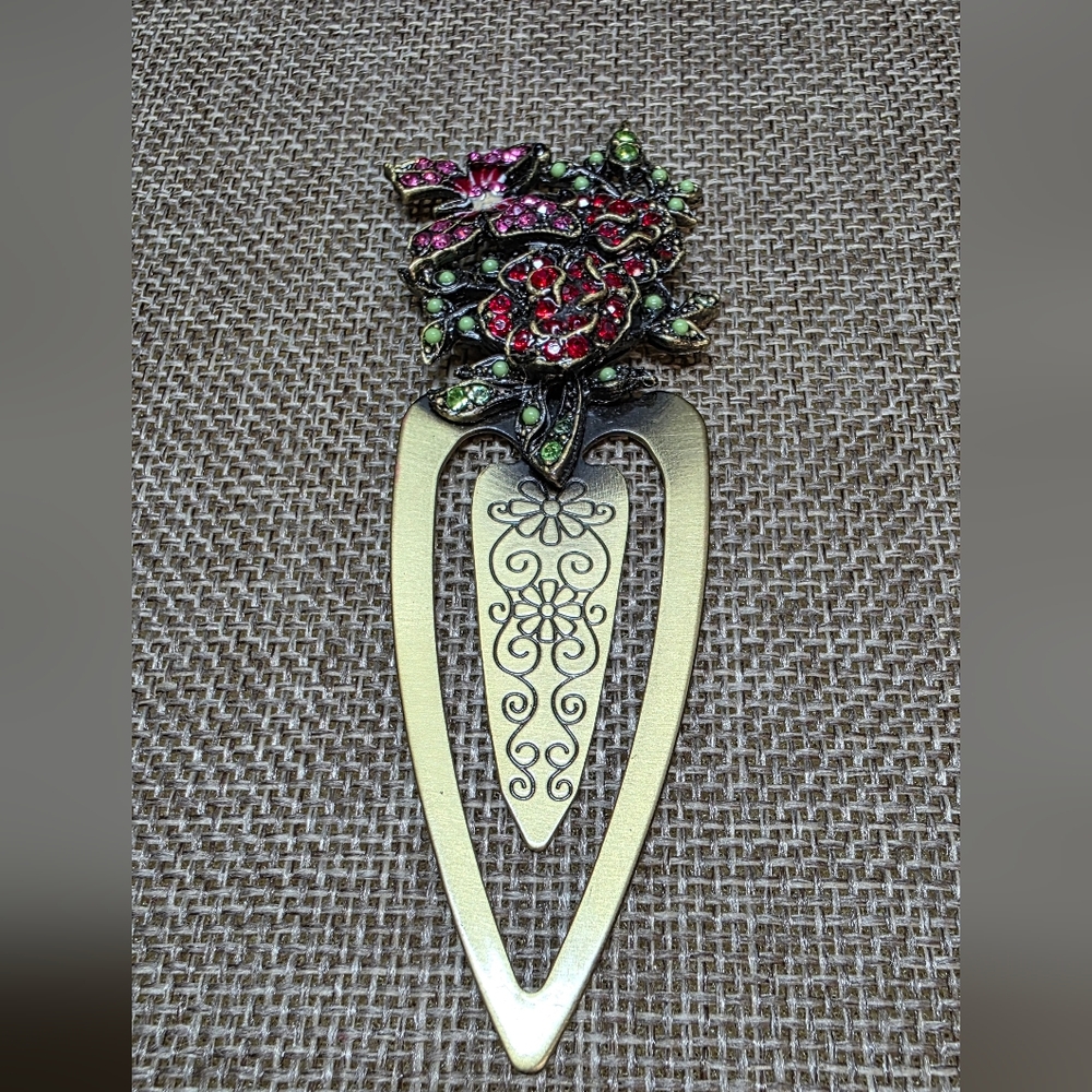 Ornate Jeweled Floral Bookmark Gold Tone Rhinestone Page Holder Vintage Style